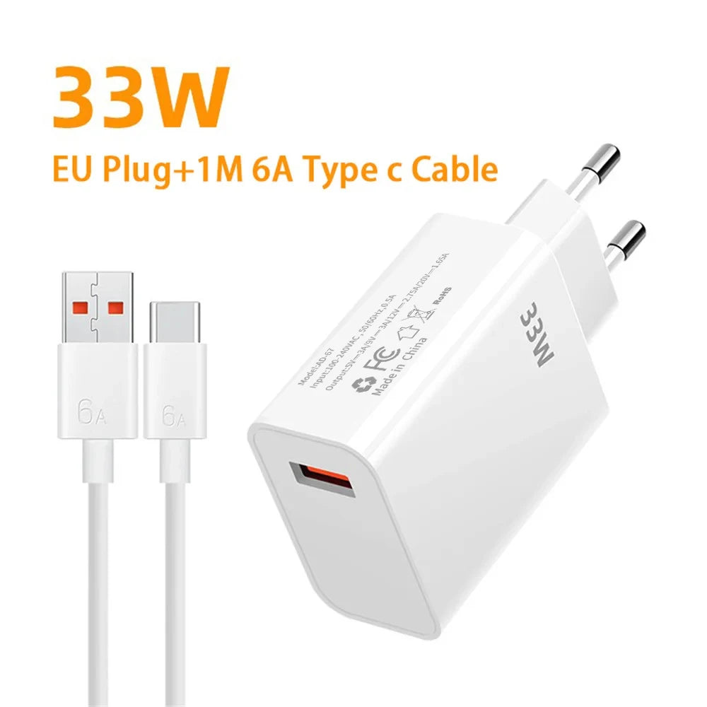 33W USB Fast Charger Quick Charge 3.0 USB Type C Cable 6A for Xiaomi Redmi Note 13/12 iPhone Samsung Mobile Phone Charge Adapter