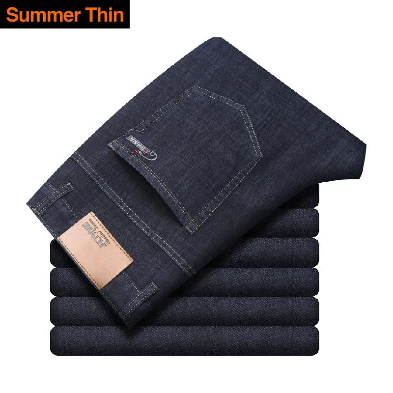 Summer Thin Classic Style Men Brand Jeans Business Casual Stretch Straight Denim Pants Light Blue Black Trousers Male - Shoppiline