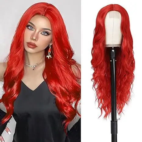 Synthetische lange Spitzenperücke wellig für Damen, 66 cm, Mittelscheitel, lockig, natürlich aussehend, hitzebeständige Faser für Alltag, Party, Weihnachten