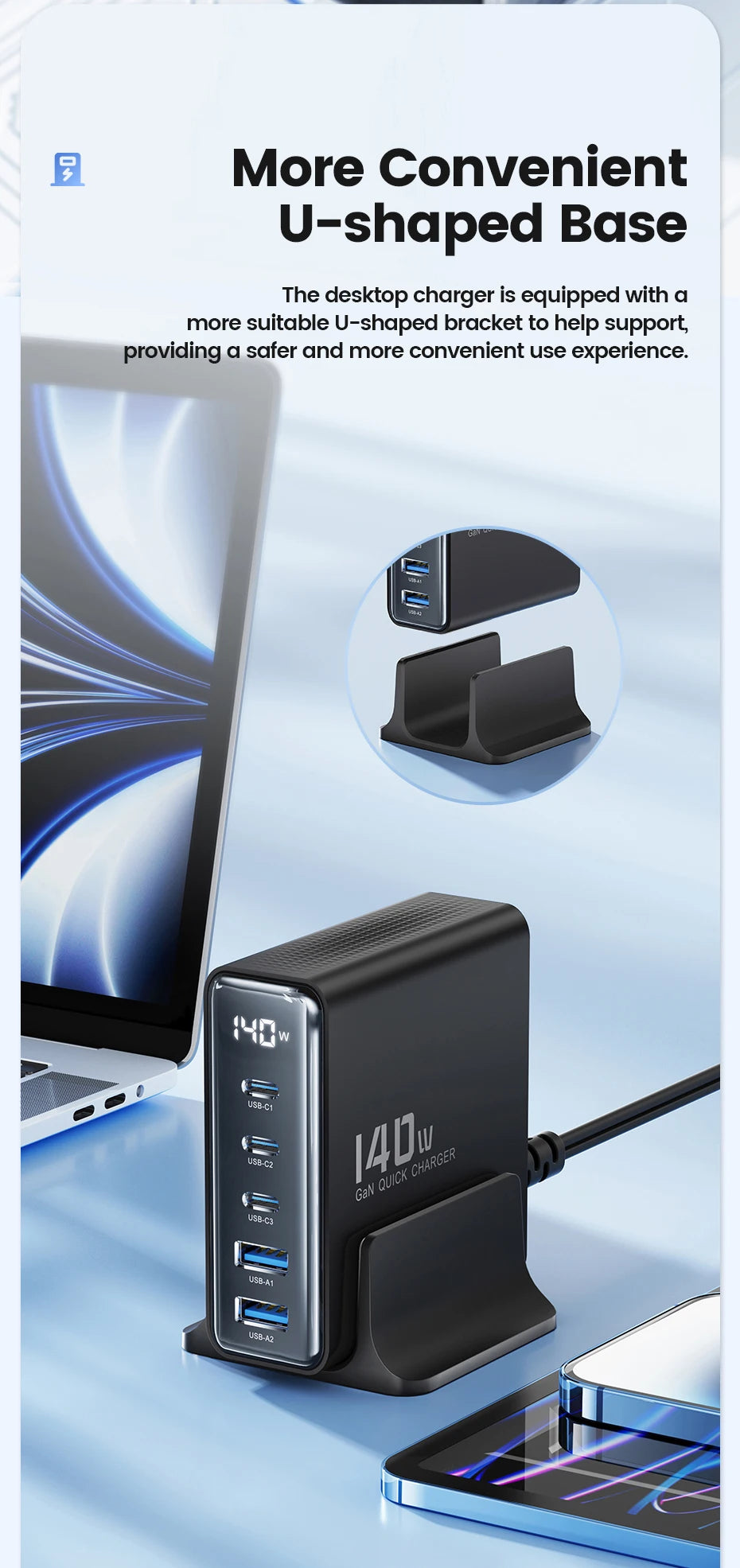 Toocki 140W GaN USB Charger 5in1 Desktop Fast Charge USB Type C Charger LED Display Charger For iPhone Xiaomi Smartphone Laptop - Shoppiline