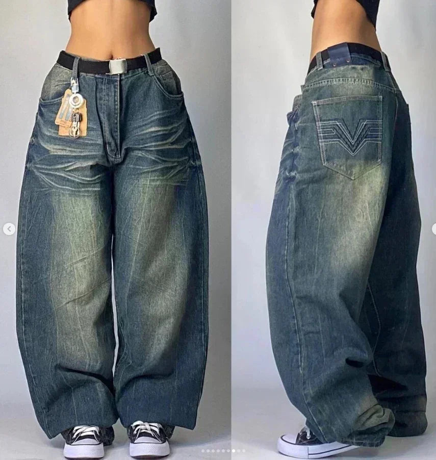 American Street Trend Letter Embroidered Loose Jeans Men Harajuku Y2K New Hip Hop Oversized Wide-leg Pants Unisex Mopping Jeans