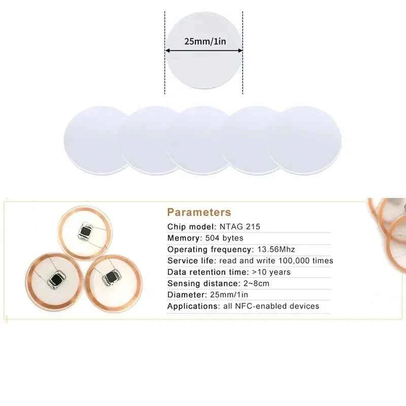 NFC Ntag215 13.56MHz NFC Coin Bonding Card Badge ISO/EC14443A 25mm Waterproof PVC 215 Electronic Tags