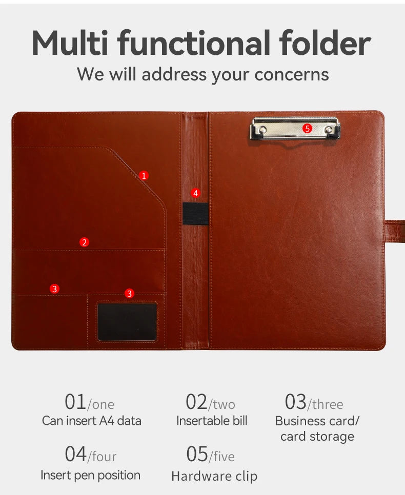 1Pc Texture PU Leather Multi-Functional Folder A4 Clip Pen Holder Card Slots - Business Office Meeting Organizer for Bank/Sales - Shoppiline