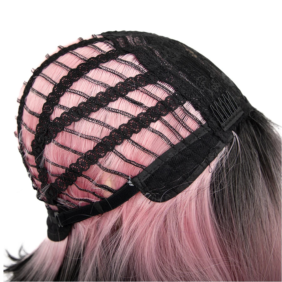 14 Inch Chic Short Straight Pink to Black Gradient Wig with Bangs Synthetic Hair for Women, Perfect for Party Daily Use