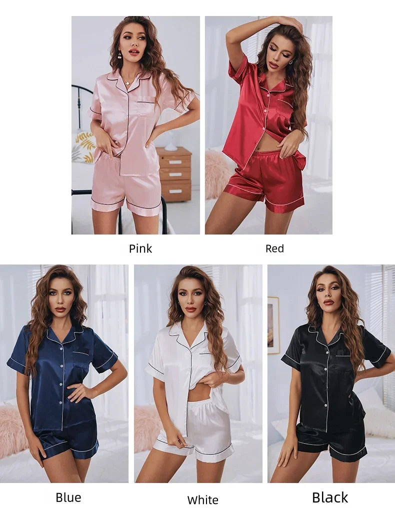 Short Sleeve shorts set ladies home wear women's silk pajamas Ice Silk breathable comfortable top pants set