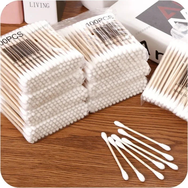1 à 20 paquets de 100 bâtonnets en bois/paquet Coton-tiges pour bébés Nettoyage des oreilles Tampons Coton-tiges de santé et de beauté Bourgeons de coton de nettoyage