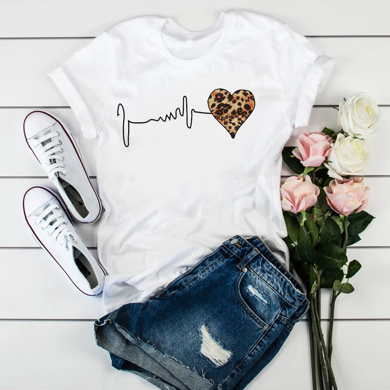 T-shirt d'été, motif léopard, style années 90, manches courtes, imprimé cœur, vêtements Harajuku, pour femme, livraison directe