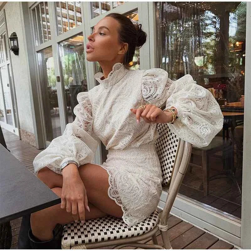 Trendy Lady Hollow Out Lace Mini Dress Elegant 2025 New Long Sleeve Designs Chic High Neck Short Vestidos Autumn Club Night Gown