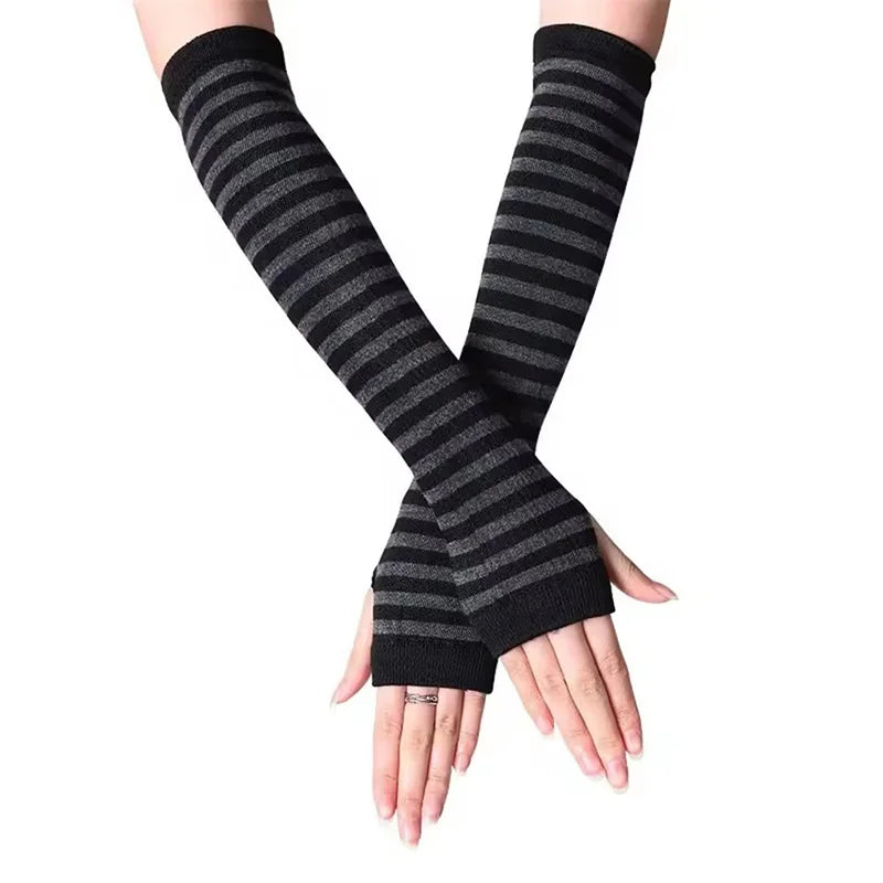 Striped Fingerless Gloves Arm Warmers Cotton Elbow Protection Warm Bracelet Gloves for Cold Weather Daily Casual Outdoor Wear