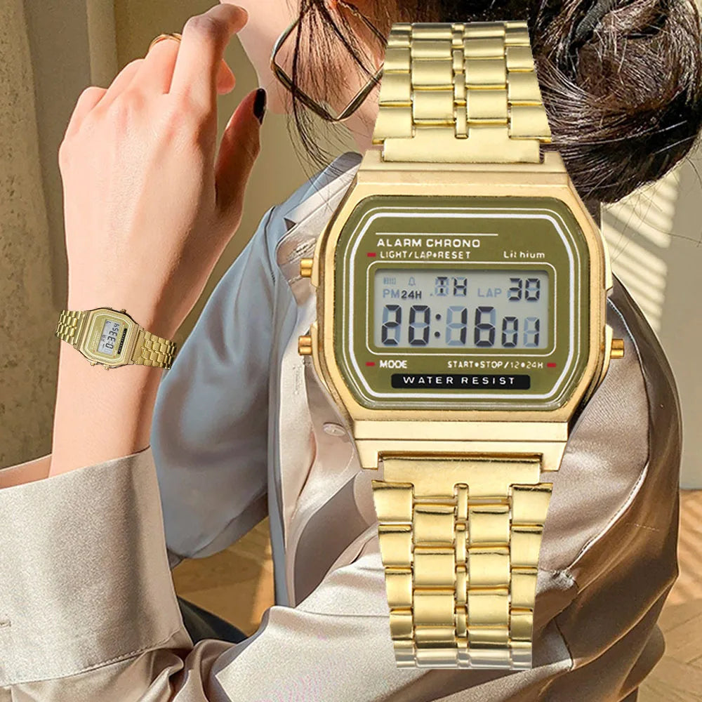 Elegante Digitaluhr für Damen, Gold, Silber, Edelstahl, Business-Damenuhr, elektronische Armbanduhr, Herrenuhr, Zegarek Damski