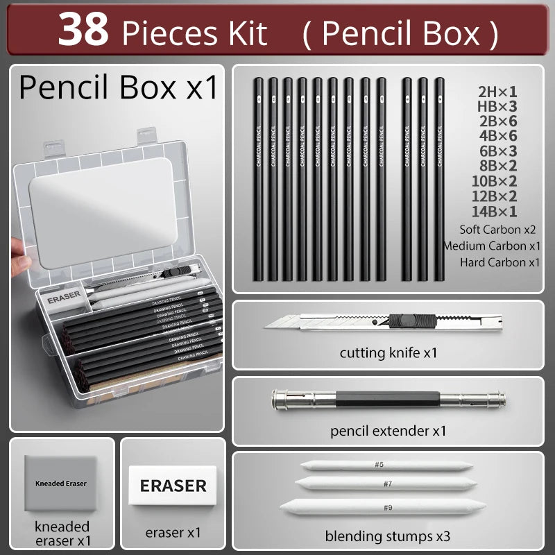 27/38/47pcs Drawing Pencils Sketch Box Set Sketching Kit Pro Art Sketch Supplies Charcoals Kneaded Eraser Extender Pencil Case