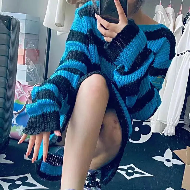 Nouveau Pull Long Unisexe Punk Gothique Été Femme Rayé Cool Creux Trou Cassé Pull Ample Rock Fin Sombre Streetwear Top