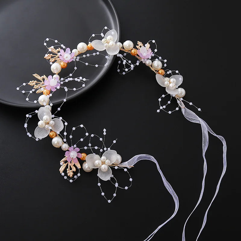 Bride headband pearl flower headband children's flower wreath super fairy princess hair accessory headband headband ribbon