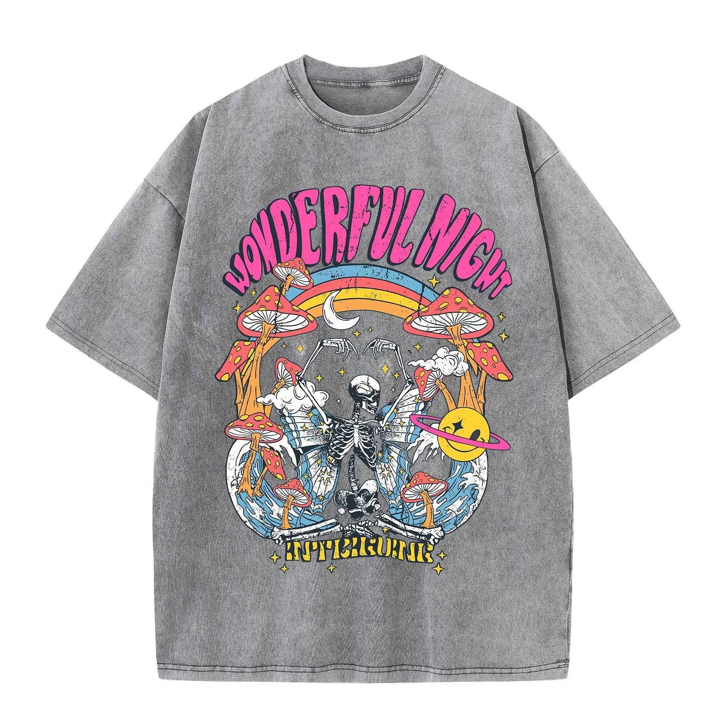 Wonderful Night Skeleton Butterfly Wave Print Womens T-Shirts Fashion Oversized Tops Street Comfortable Clothing Loose Wash Tee