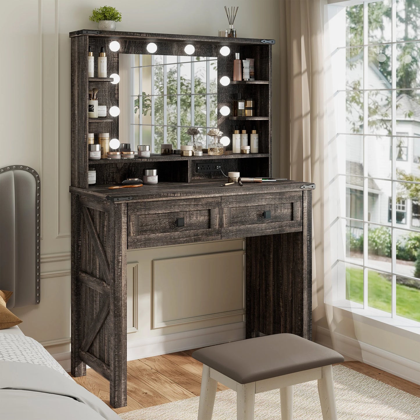 Petite coiffeuse avec miroir et lumières, en bois, avec tiroirs de rangement et station de charge, pour chambre de femme ou petit espace.
