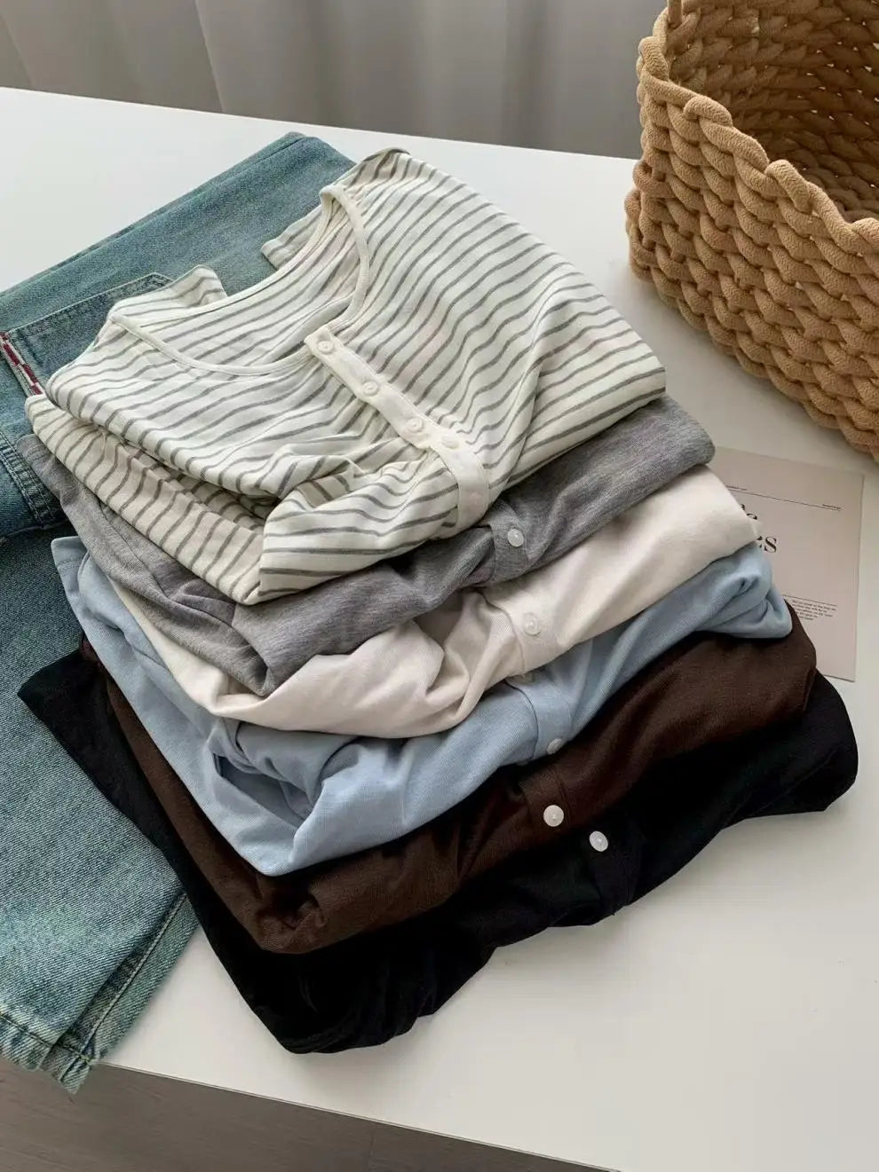Silk Wool Basic Shirt For Women Autumn Winter Round Button Neck Slim Knitwear, Solid Color Striped Long Sleeve Top