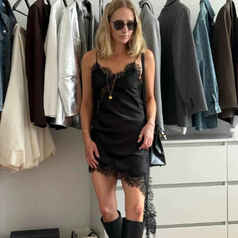HXAO Asymmetrical Lace Dress Woman Sleeveless Slip Black Dress Summer Satin Party Dresses Backless Sexy Short Night Dresses