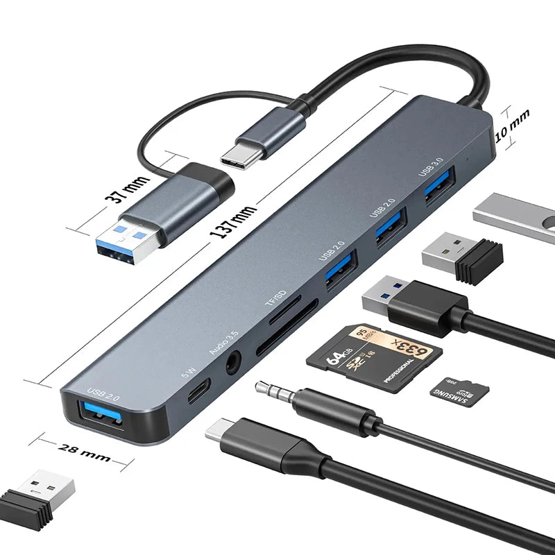 USB C Hub USB Splitter 8-in-1 USB Extender mit 4 USB-Anschlüssen, 1 USB-C-Anschluss, TF/SD-Kartenleser, Audioausgang, kompatibel für MacBook