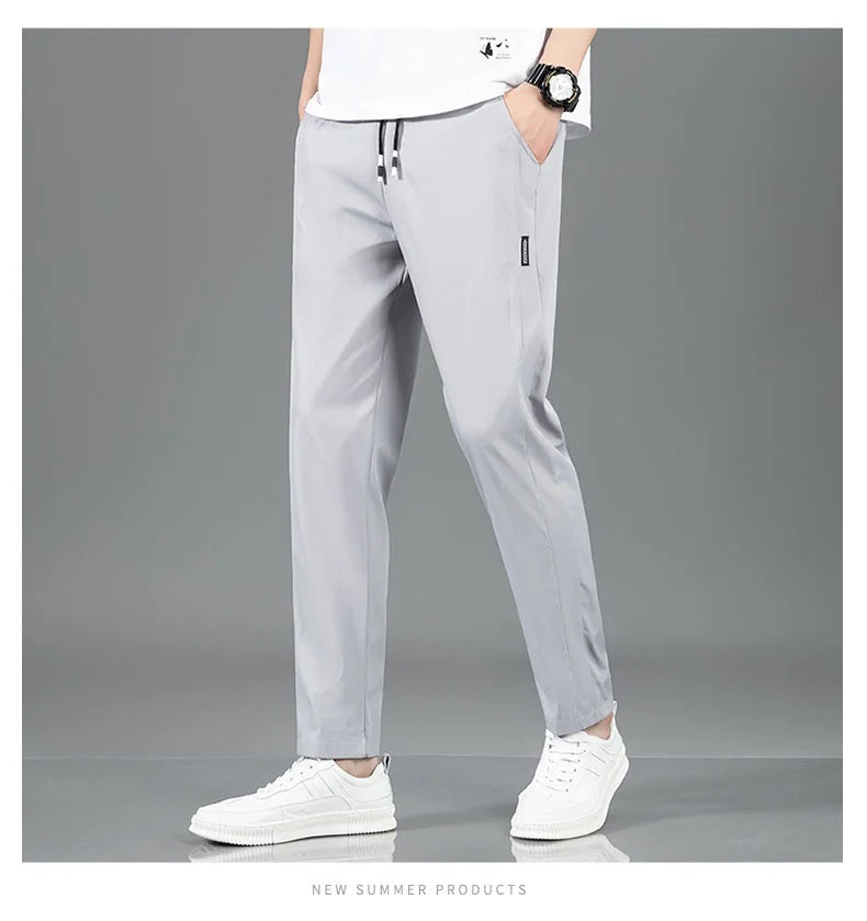Herren Eisseide-Hose 2025 Sommer Neu Schwarz Grau Dünne Business-Freizeithose Outdoor Elastisch Atmungsaktiv Gerades Bein Jogginghose