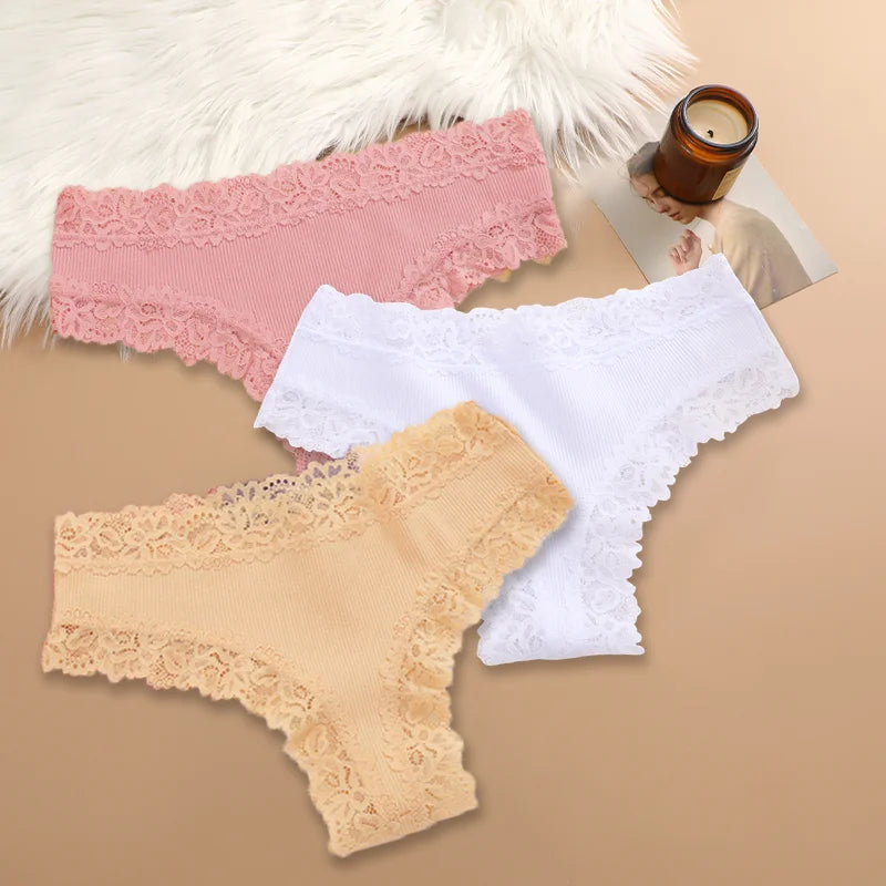 3Pcs/set Women Cotton Panties Floral Lace Intimate Underwear Trendy Patchwork Lace Briefs Female Soft Underpants Lingerie S-XL