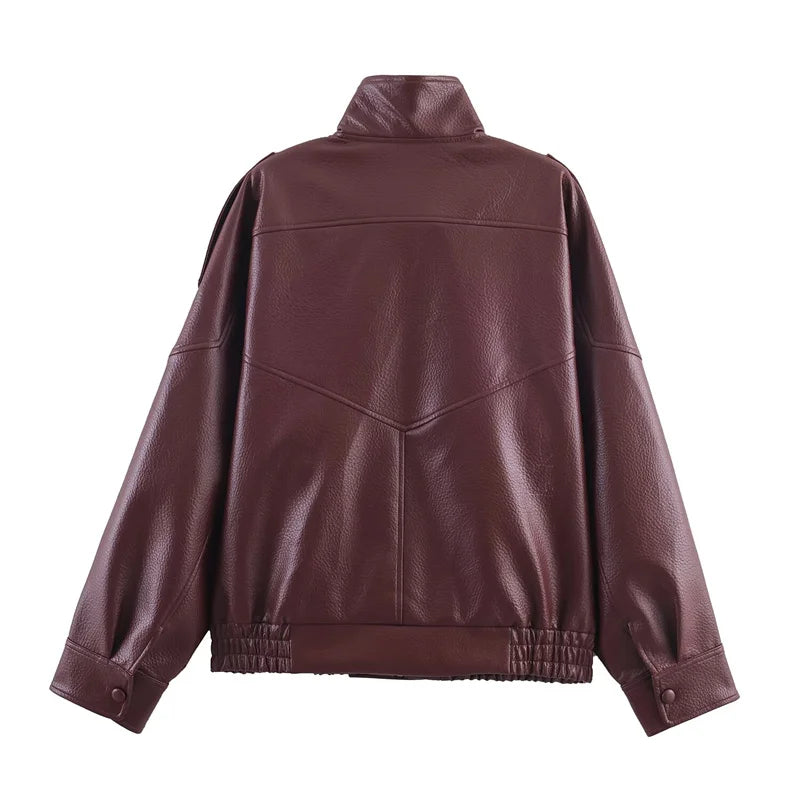 Women's Jacket 2026 Autunm  New Black Long Sleeve Pebble Faux Leather Jacket Motorcycle Style Personality Fashion