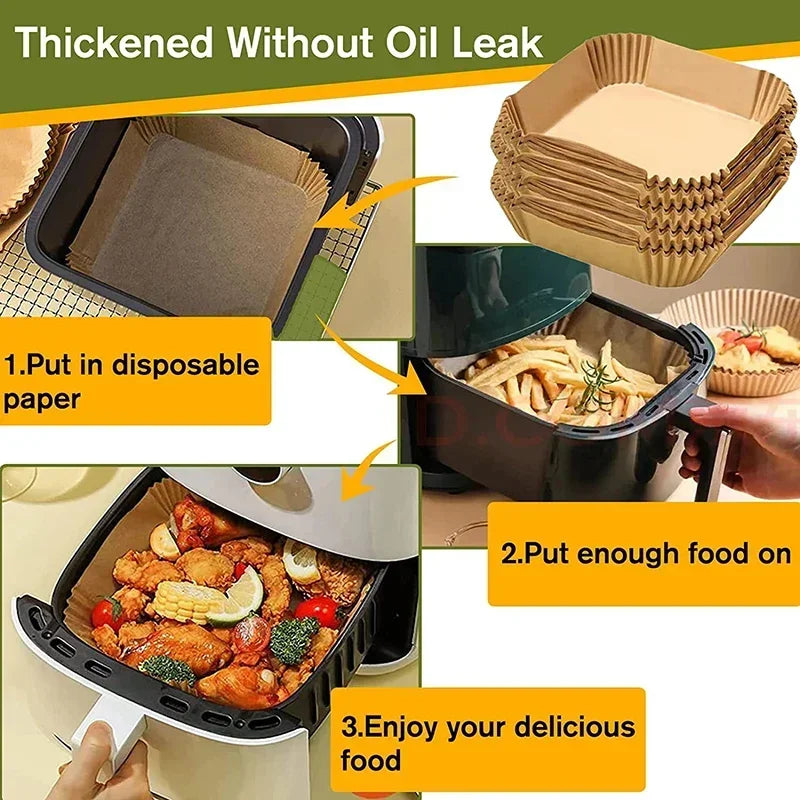 50/100PCS Einweg-Heißluftfritteusenpapier Quadratisch Rund Backpapier Grillplatte Antihaftmatte Küchenbackofen Öl absorbierendes Papierwerkzeug