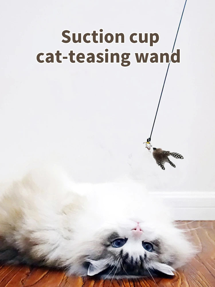 Cat Teaser Toy Interactive Bell & Feather Wand Long Suction Cup Pole for Exciting Playtime Adventures - Ultimate Cat Toy