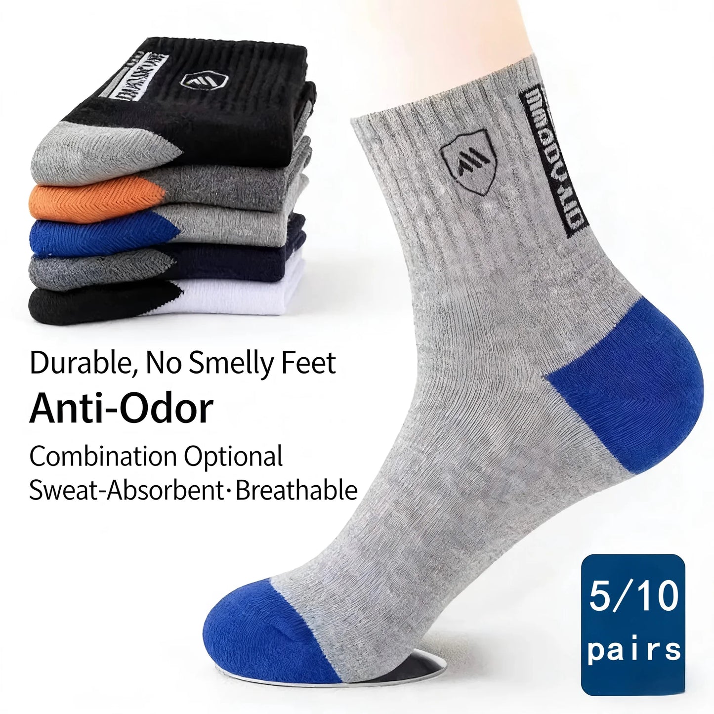 2026 New 5/10 Pairs Men's Sports Crew Socks Breathable Moisture Wicking Anti-Odor Basketball Running Socks