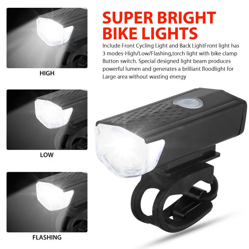Bike Light Set Front Light with Taillight LED Rechargeable Bicycle Lights 3 Modes Headlight Easy to Install Night Cycling Lamp