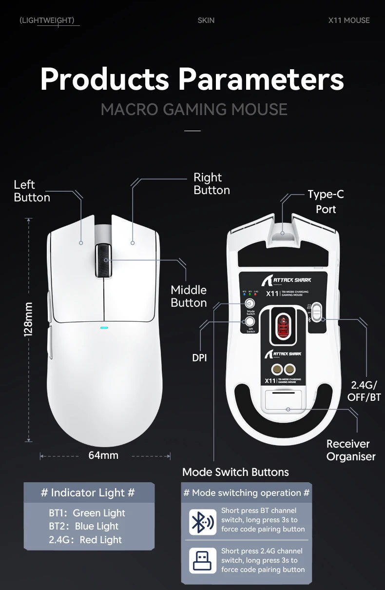 Attack Shark X11  X11SE Wireless Gaming Mouse 3-Mode , PAW3311, 22000DPI, 400IPS, PC Gaming Mouse