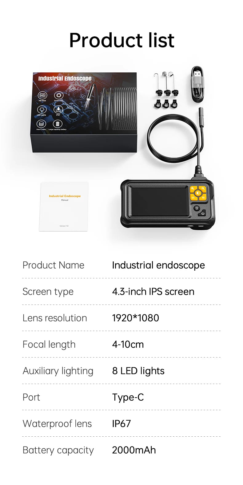 KERUI Industrial Endoscope Camera 4.3inch IPS Screen Dual Lens HD IP67 Waterproof Light Inspection Borescope For Pipe Car Repair - Shoppiline