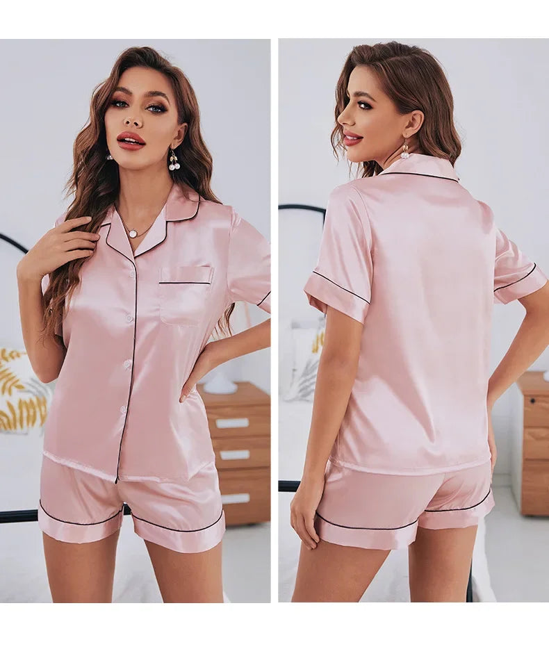 Short Sleeve shorts set ladies home wear women's silk pajamas Ice Silk breathable comfortable top pants set