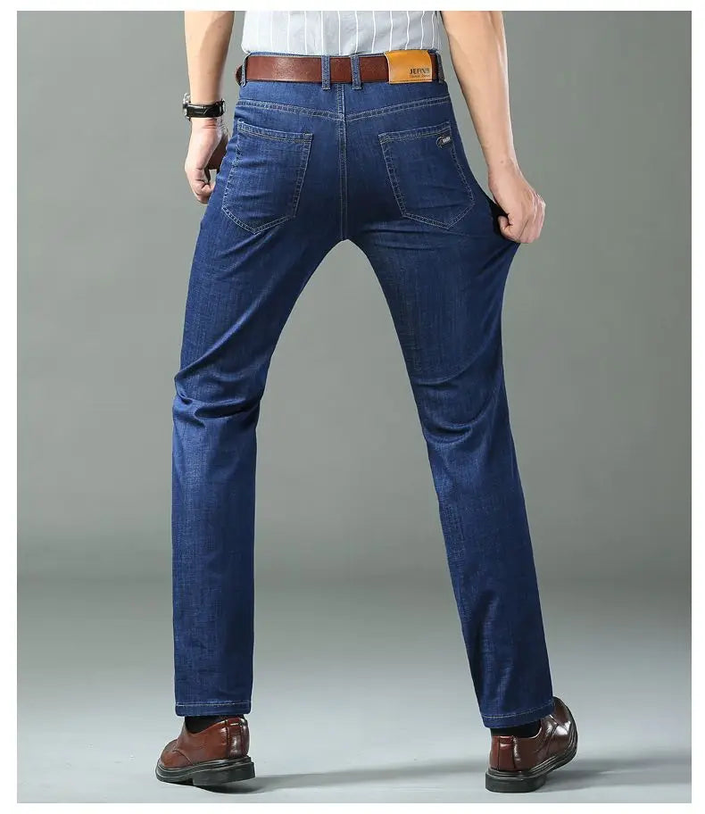 Summer Thin Classic Style Men Brand Jeans Business Casual Stretch Straight Denim Pants Light Blue Black Trousers Male - Shoppiline