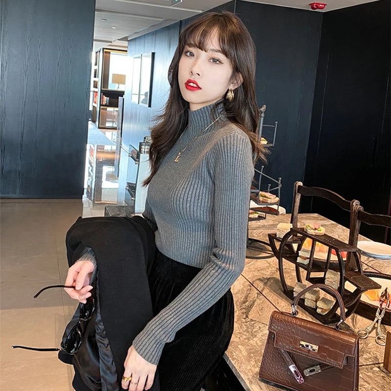 Nouveau pull élégant basique en maille unie pour femme, col roulé, manches longues, décontracté, coupe ajustée, mode simple et chic