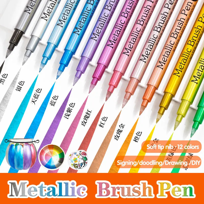 12 Colors Brush Metallic Paint Markers Pens for Rock Painting Stone Ceramic Wood Fabric Pebbles Scrapbook Journals Photo Albums