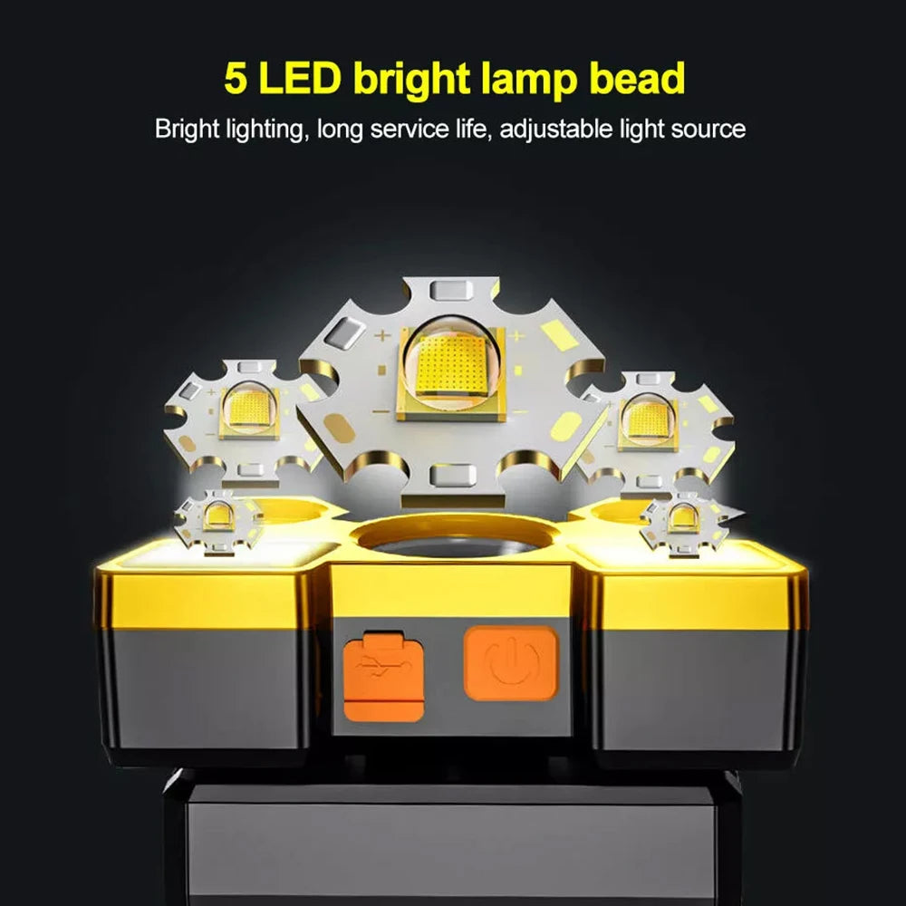 1x Wiederaufladbare Stirnlampe, Tragbare 5LED Scheinwerfer-Taschenlampe, Tragbare Arbeitsleuchte, Angeln Camping Stirnlampe für Reisen, Camping