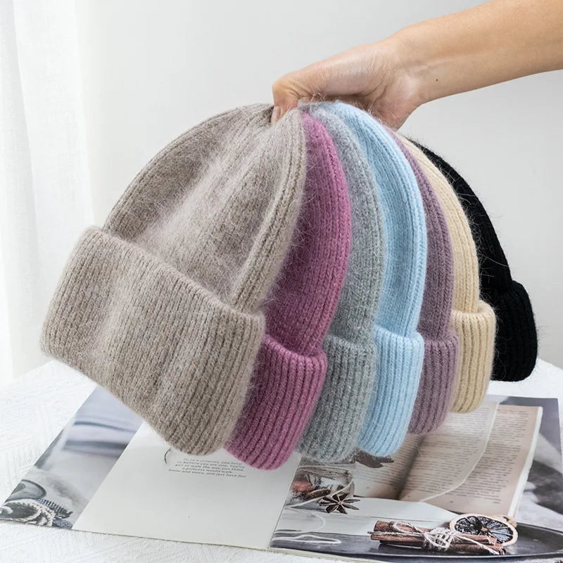 Bonnets d'hiver pour femmes en fourrure de lapin tricotés, bonnets épais à revers, bonnets amples et doux pour le ski.