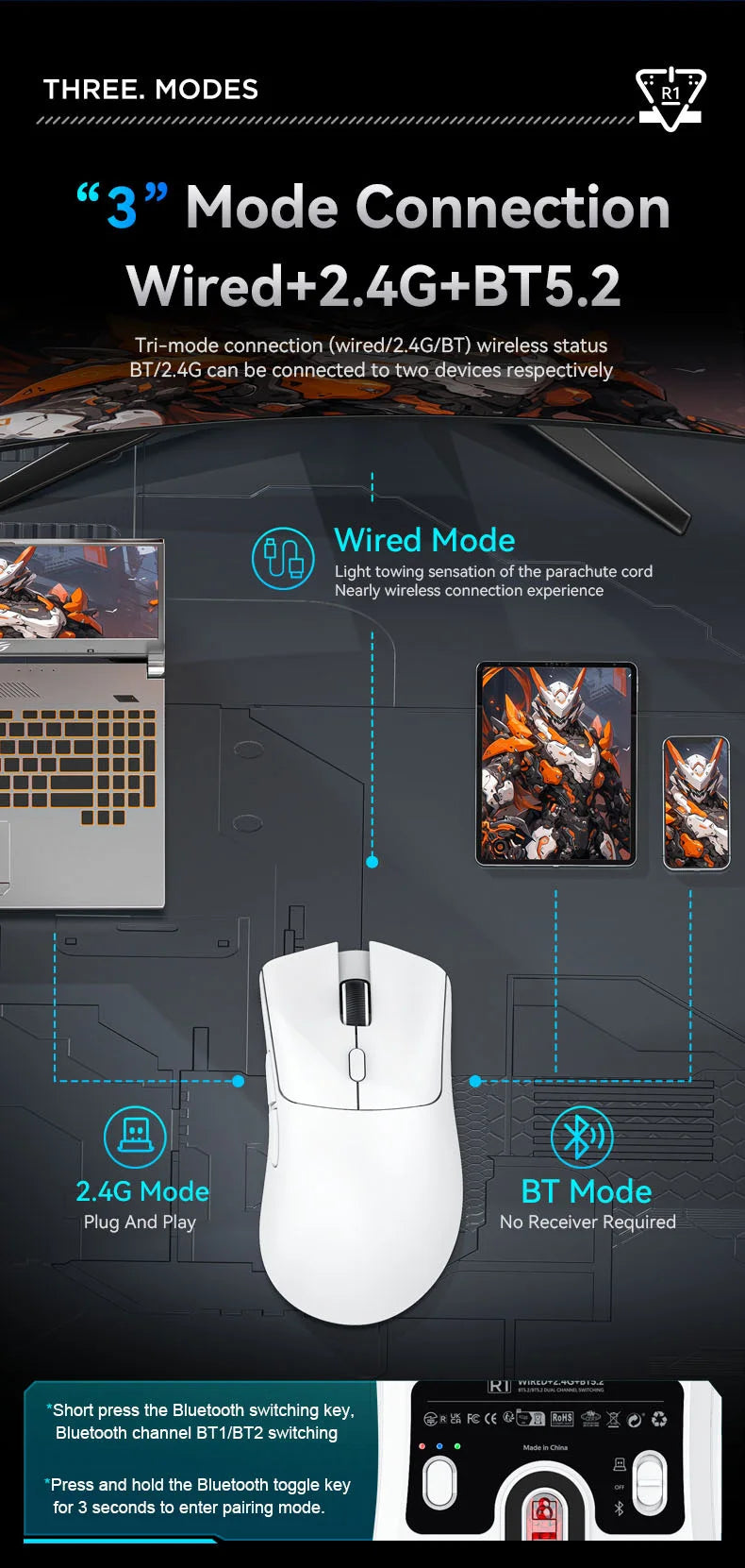R1 Attack Shark Lightweight Wireless Mouse, 18000dpi,1000Hz PAW3311,Bluetooth Tri-mode Connection, Macro Gaming Mouse @3C1