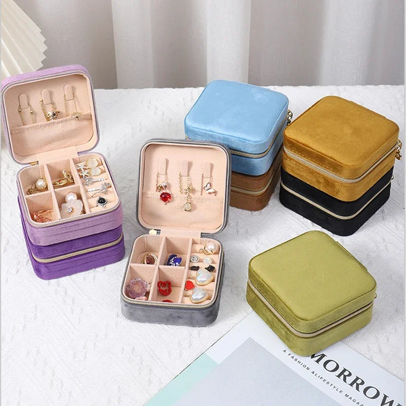 Boîte à bijoux en velours pour femmes, organisateur de colliers, bagues, boucles d'oreilles, étui de rangement portable carré à fermeture éclair
