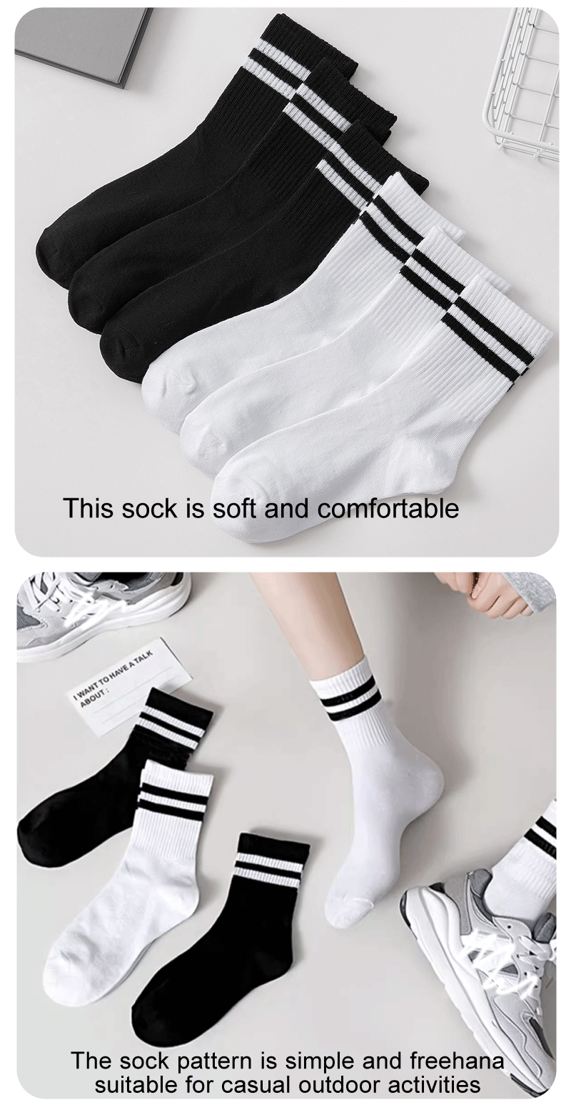 Lot de 6 paires de chaussettes hautes mi-mollet pour femme, noir et blanc pur, avec rayures parallèles, populaires et absorbantes.