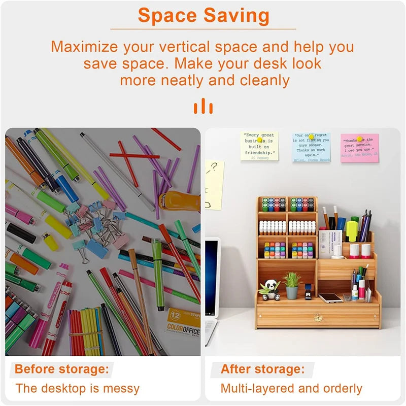 Wooden Desk Organiser DIY Desktop Tidy Pen Holder Large Capacity Stationery Storage Box with Drawer for Home Office and School - Shoppiline