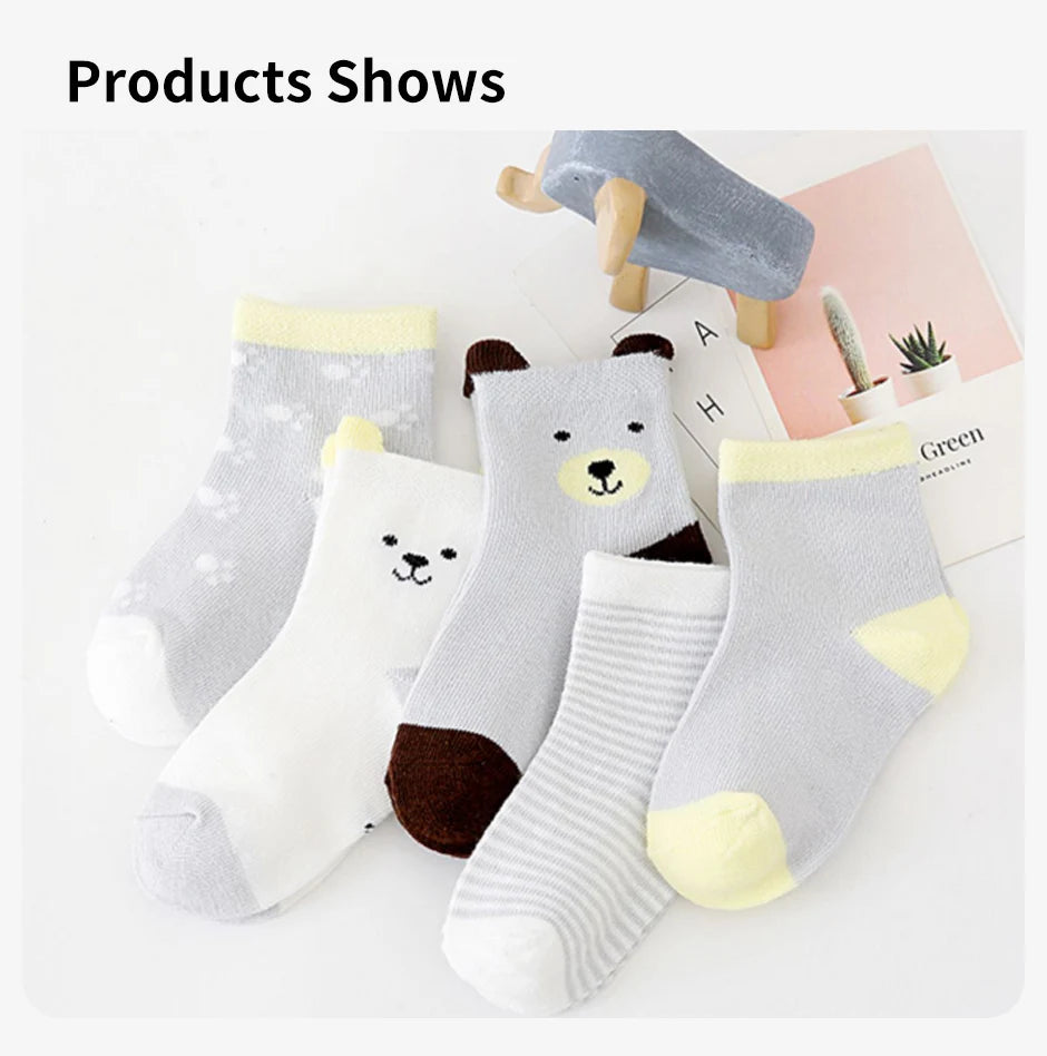 5 Paar Cartoon-Babysocken Frühling Herbst Streifen Punkte Mädchen Jungen Söckchen Weiche Kleinkind Kinder Kurze Socken