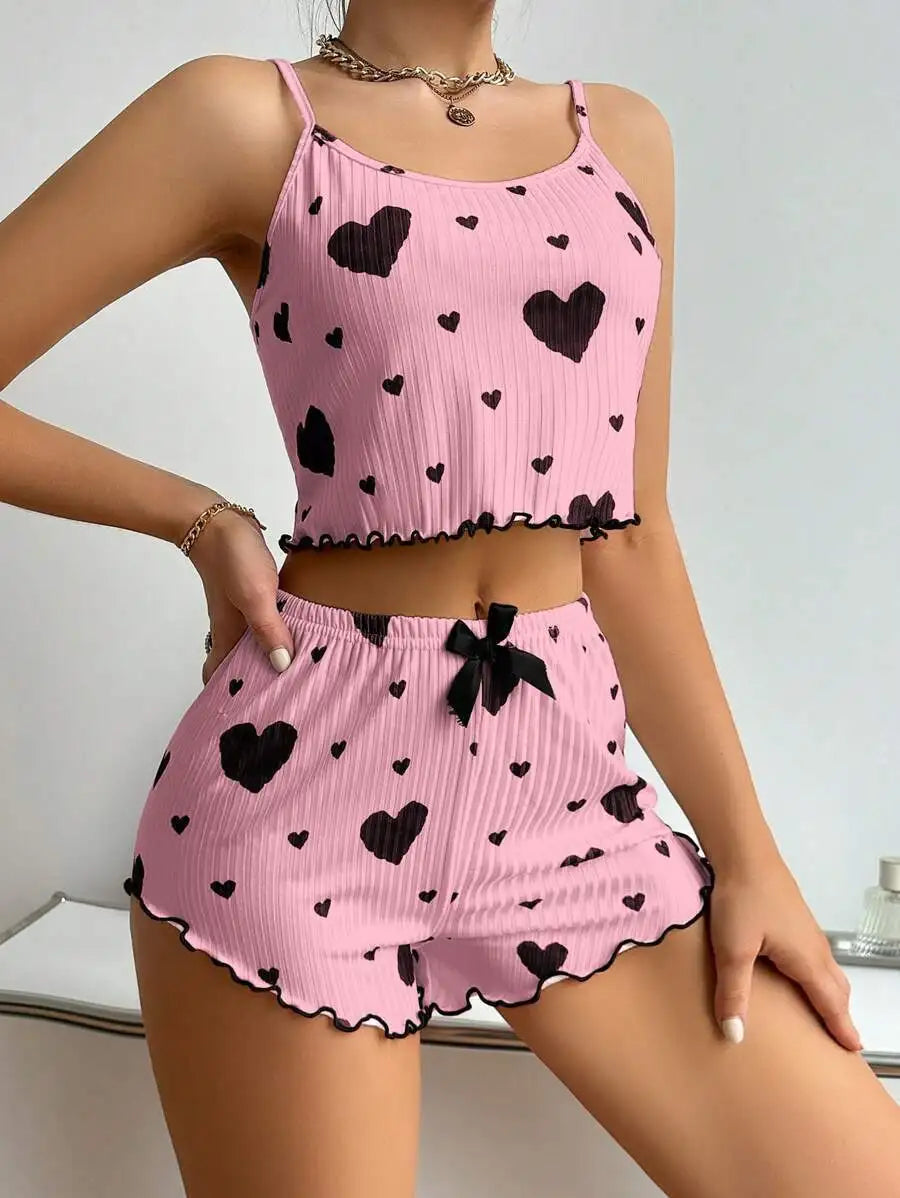 Ensemble de pyjama pour femme 2 pièces : débardeur court et short - Tailles S M L - Blanc - Aéré, doux, décontracté, motif Love