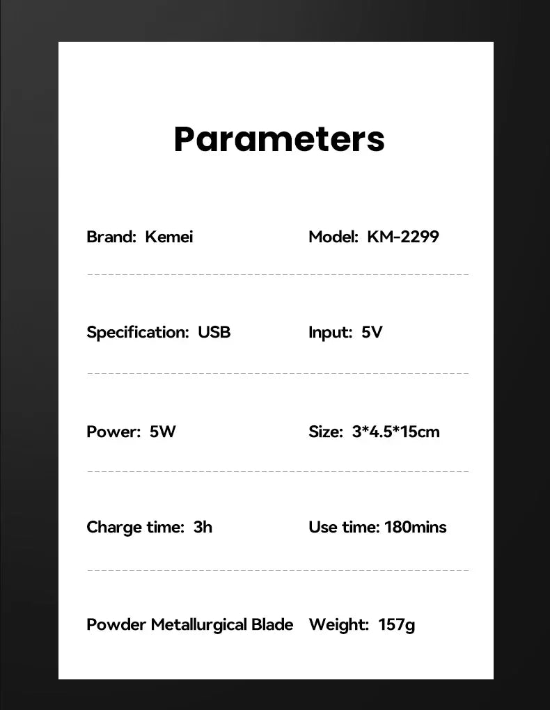 Kemei KM-2299 USB Fast Charging Clippers Barber Machine 1200MA Rechargeable Cordless Hair Trimmer Kemei Electric Hair Clipper