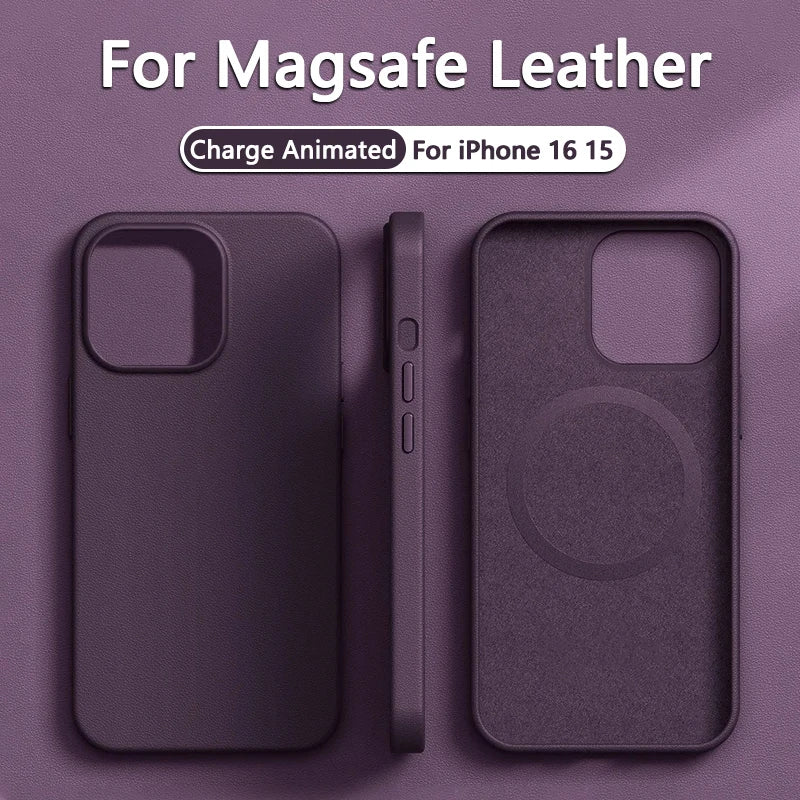 Original Leather Wireless Charging Animation Cases for iPhone 16 15 14 13 Pro Max Magsafe Phone Case Magnetic Cover Accessories - Shoppiline