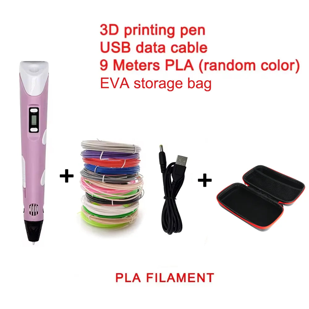 Elektronischer 3D-Druckstift mit 9m PLA-Verbrauchsmaterialien Hochtemperatur 3D Graffiti Tool Intelligentes Spielzeug Weihnachts- und Geburtstagsgeschenk