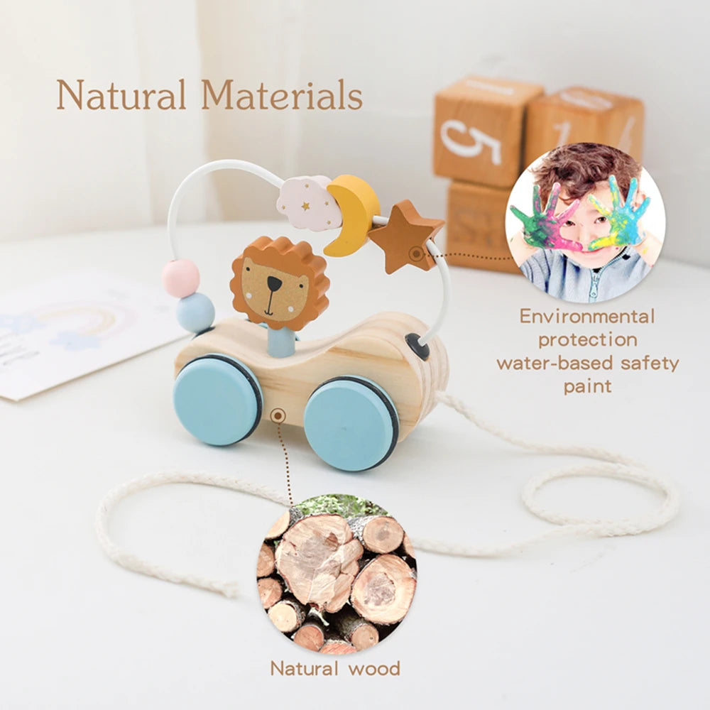 Montessori Holz Baby Anhänger Spielzeug Multifunktionale Bunte Cartoon Bausteine Ziehen Auto Eltern Kind Spielzeug Baby Geschenk