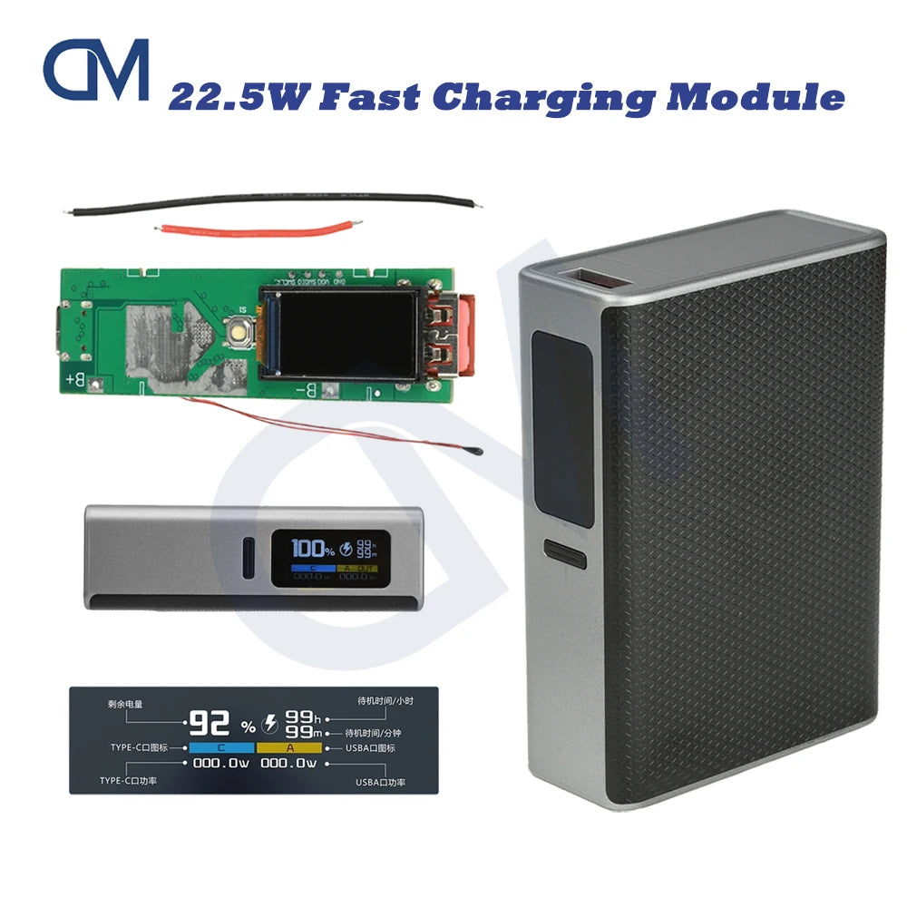 22.5W Fast Charging Module TFT Color Screen Digital DIY Power Bank Kit 21700 Battery Case Fast Charging Mini Portable Power ﻿ - Shoppiline