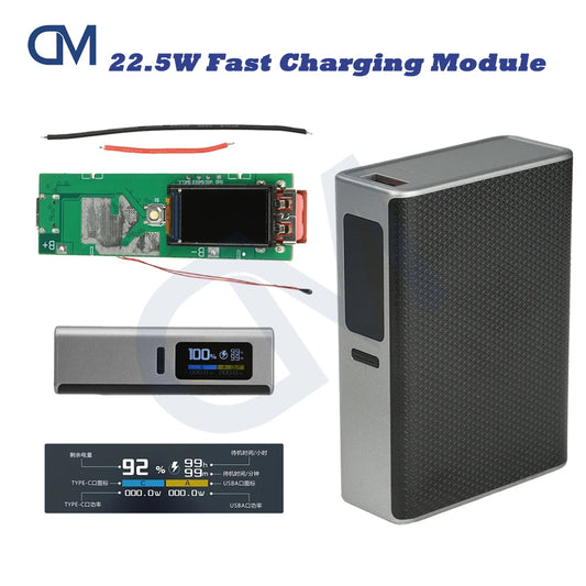 22.5W Fast Charging Module TFT Color Screen Digital DIY Power Bank Kit 21700 Battery Case Fast Charging Mini Portable Power ﻿ - Shoppiline