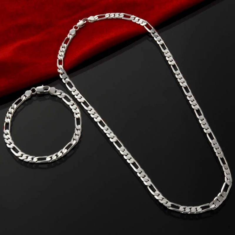 Nouvelle Arrivée Noble Argent 925 Chaîne 4MM pour Hommes Femmes Bracelet Collier Ensemble de Bijoux Cadeaux de Noël pour Dames Breloques Mariage